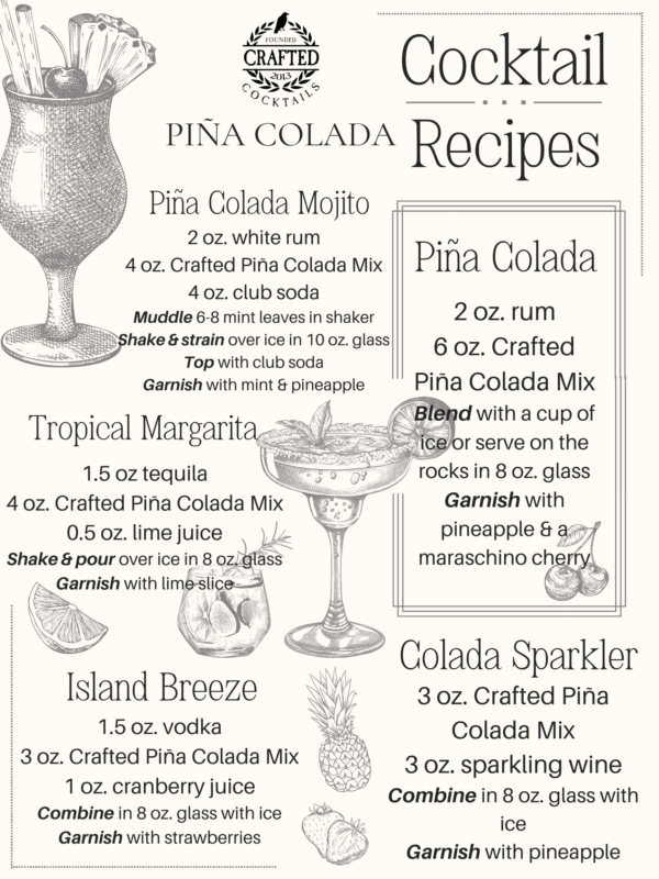 Crafted Cocktails Pina Colada mix cocktail recipes, perfect for any event or gift