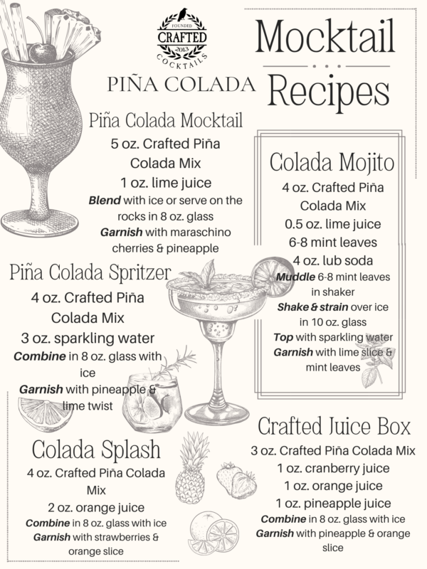 Crafted Cocktails Pina Colada mix mocktail recipes, perfect for any event or gift