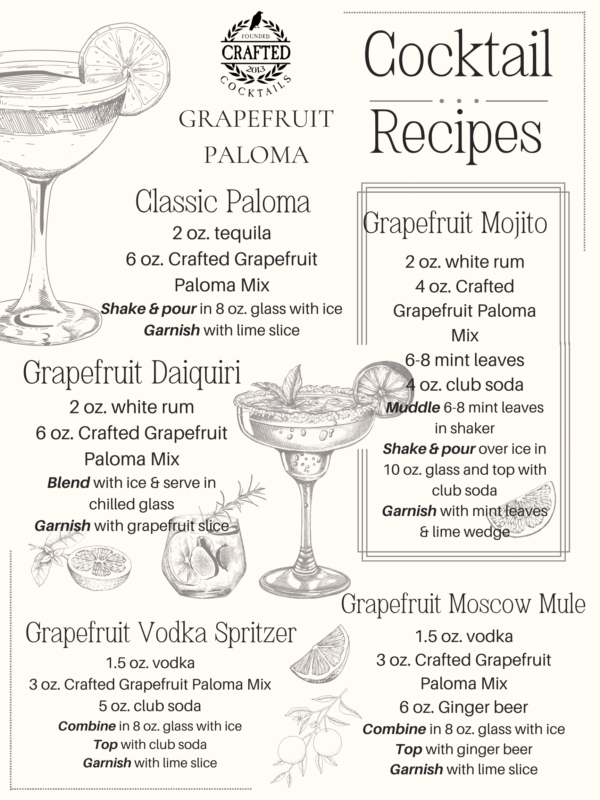 Crafted Cocktails Grapefruit Paloma Mix cocktail recipes, perfect for any event or gift