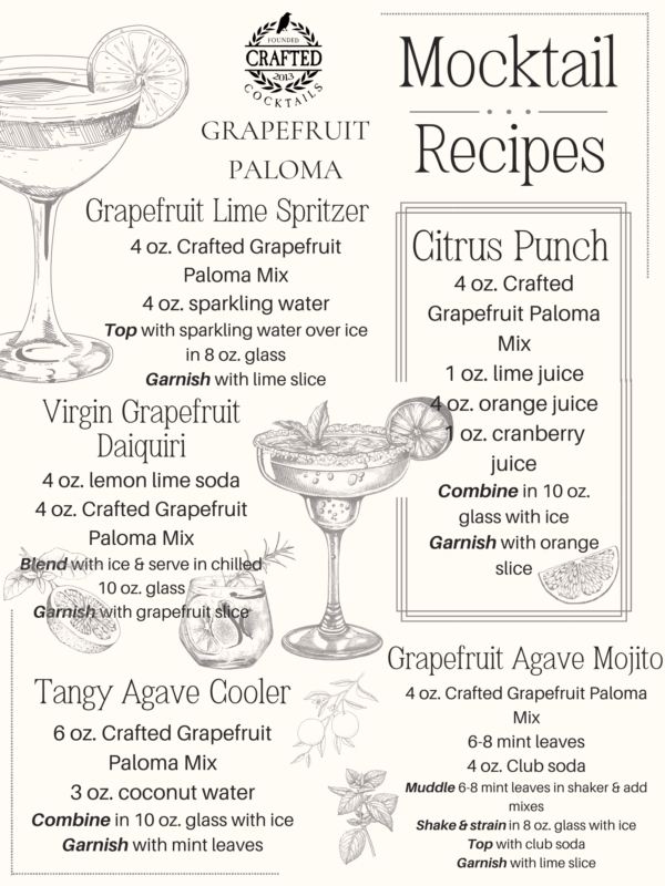 Crafted Cocktails Grapefruit Paloma Mix mocktail recipes, perfect for any event or gift