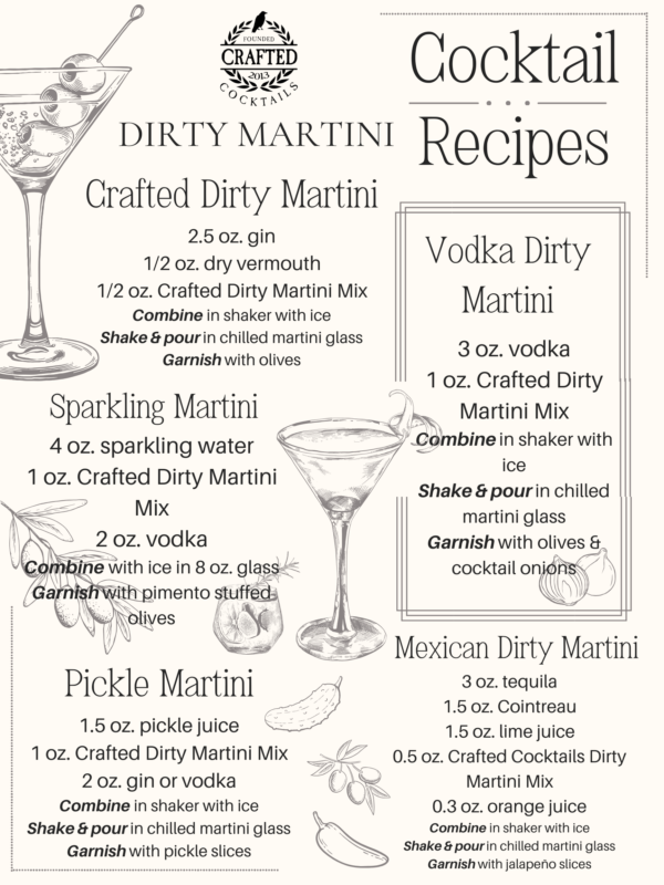 Crafted Cocktails Dirty Martini mix cocktail recipes, perfect for any event or gift