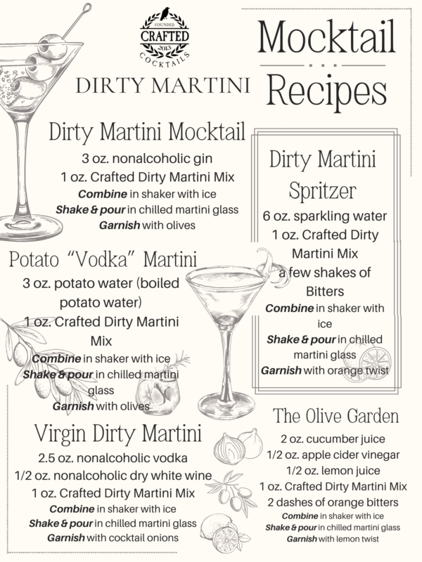 Crafted Cocktails Dirty Martini mix mocktail recipes, perfect for any event or gift